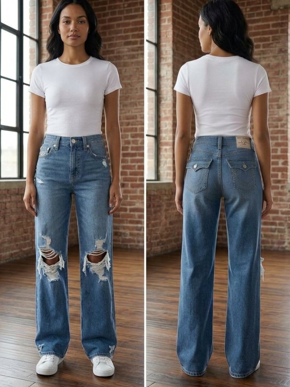 NWT True Religion Leila High Rise Wide Leg Distressed Jeans Medium Wash Size 26